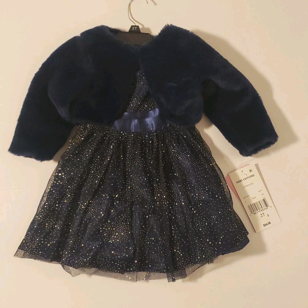 New 2T Girls Tulle Dress & Blue Faux Fur Jacket Set Easter Girl Dressy